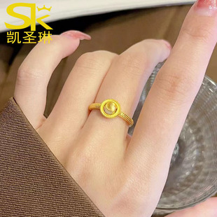 5G黄金猫眼戒指女足金999转运珠时来运转指环实心活口可调节戒子
