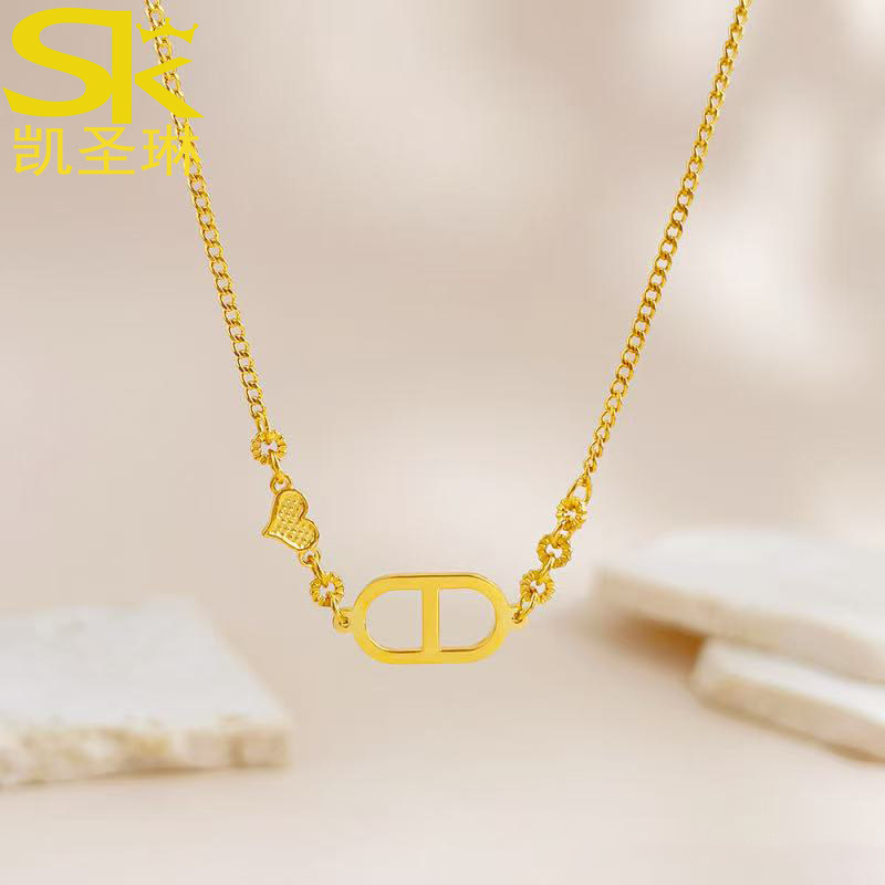 5G黄金猪鼻子项链女999足金爱心花朵隔片锁骨套链纯金一体链送礼