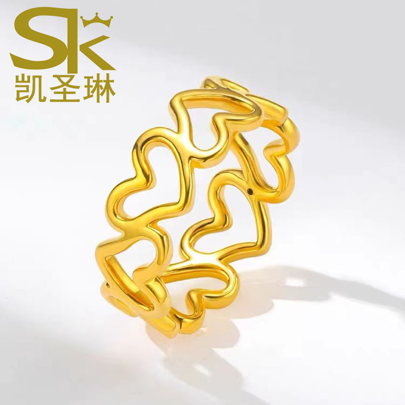 5D硬金黄金爱心戒指女999足金镂空心形光面指环心连心食指戒送礼