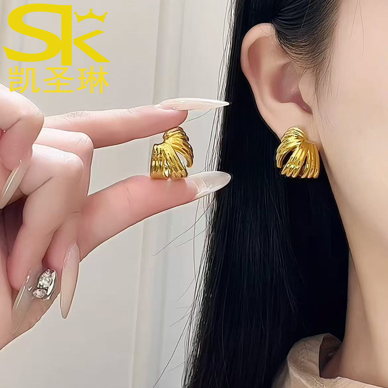 5D硬金黄金型C耳环女999足金ins风气质时尚耳钉纯金正品耳饰送礼