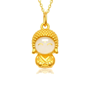 黄金开心小萌佛吊坠999足金宝宝本命年金镶玉编织和田玉佛头项链