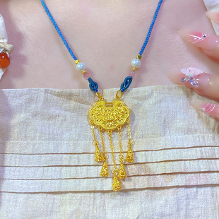 5D黄金莲花锁包女999足金荷花吊坠新款纯金花项链时尚平安锁正品