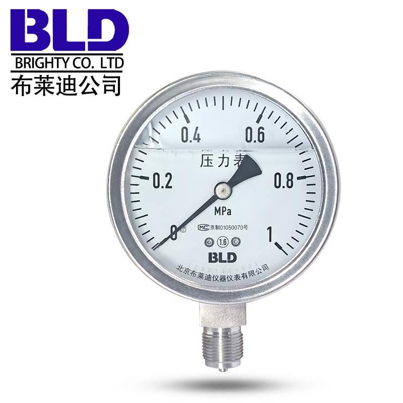 YTHN100全不锈钢耐震压力表北京布莱迪径向1.6级抗震高温家用水表