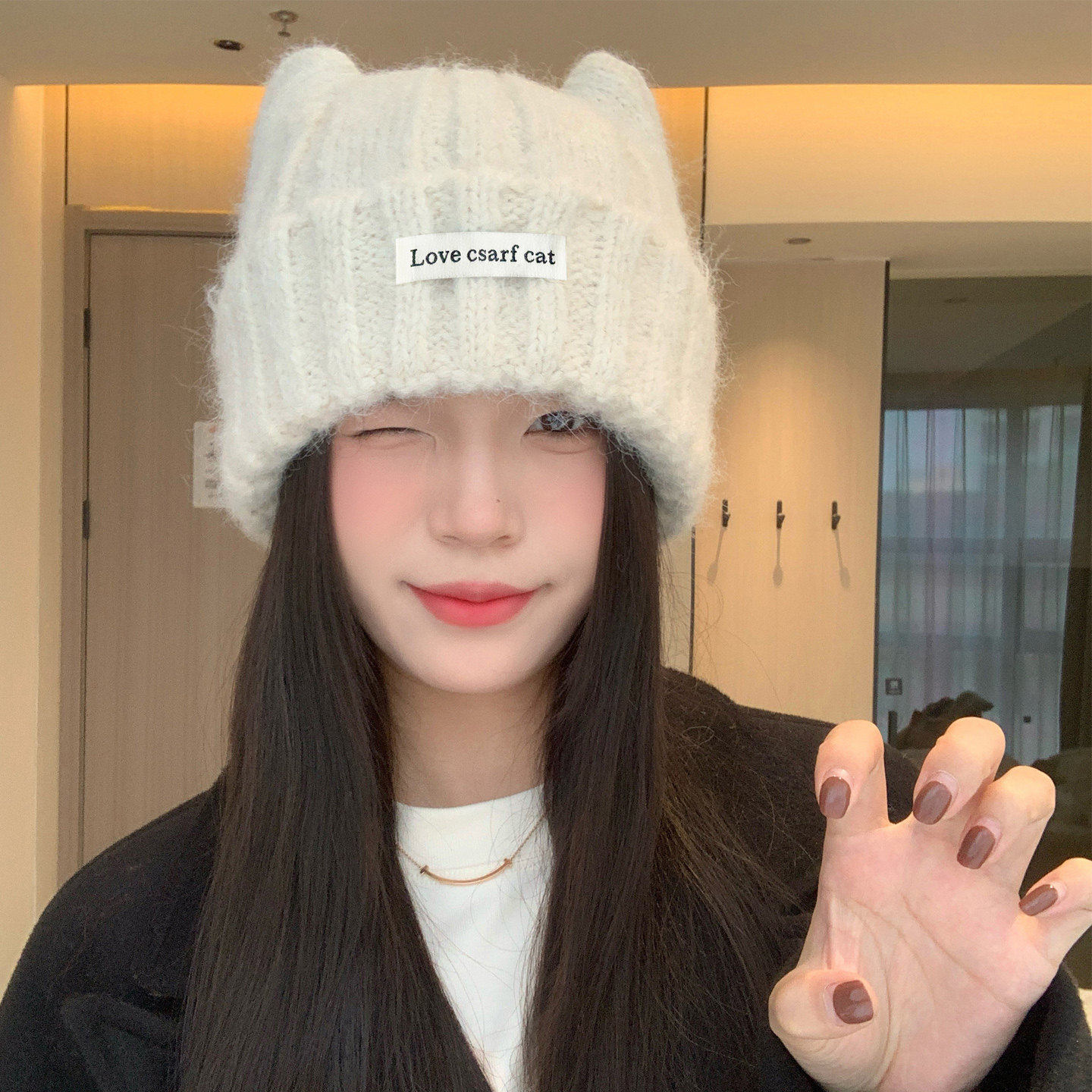 可爱猫耳朵帽子女冬2025款秋冬大头围显脸小时尚洋气女士羊毛混纺