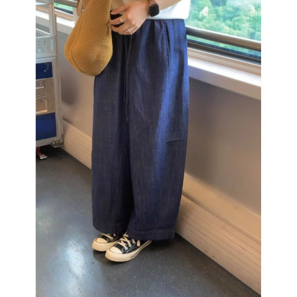 夏款蓝色阔腿裤女大码薄款高腰胖妹妹显瘦休闲裤