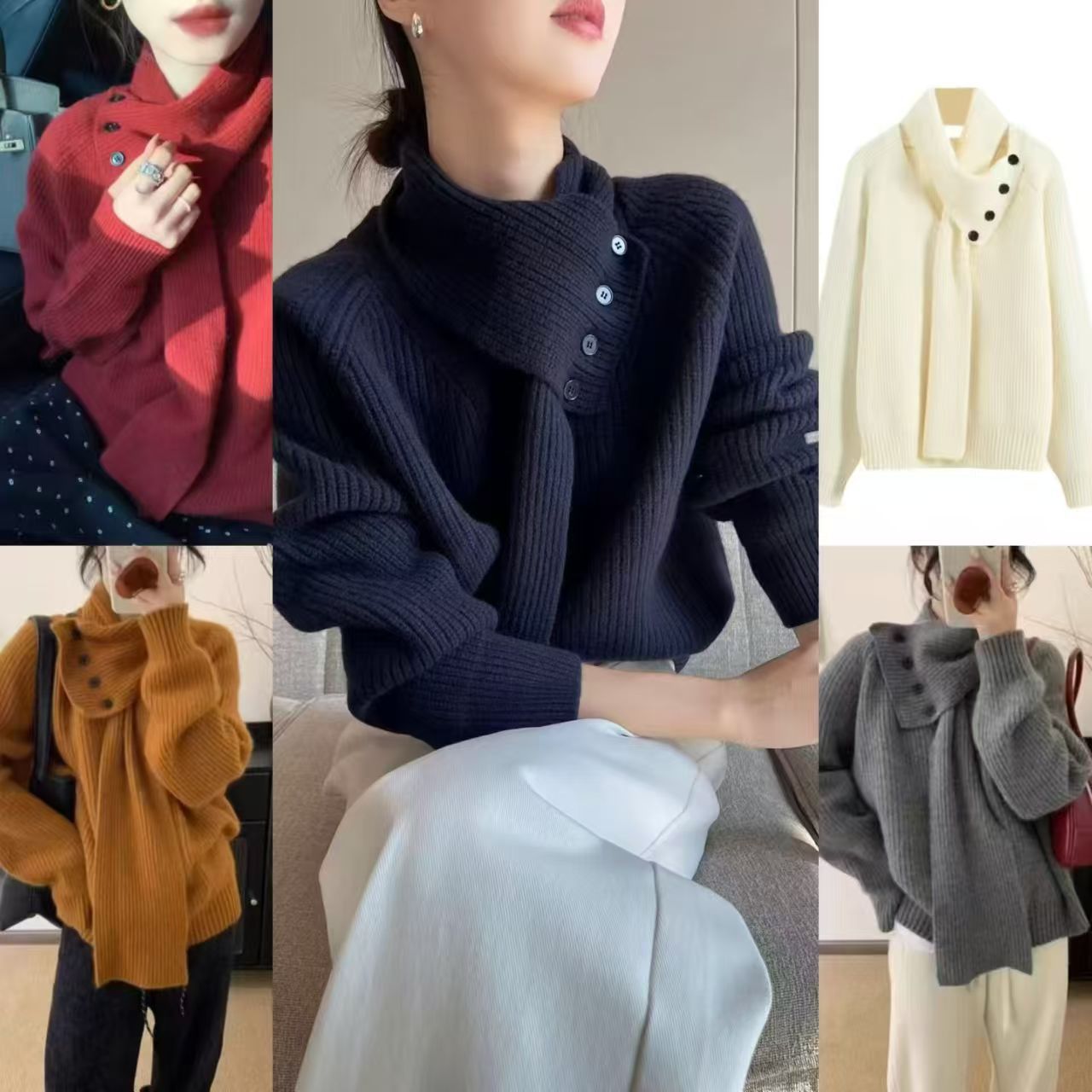 别致时尚设计感围巾针织衫女秋冬2025新款小个子套头毛衣外套上衣