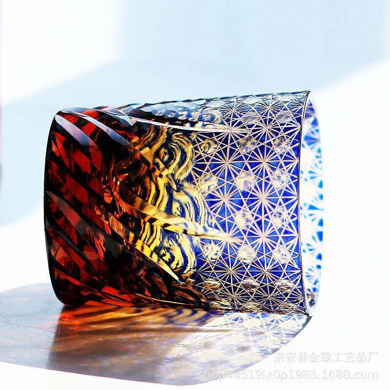 杯江户切子水晶手工雕刻威士忌酒杯红杯JP-040高端洋酒酒杯啤玻璃