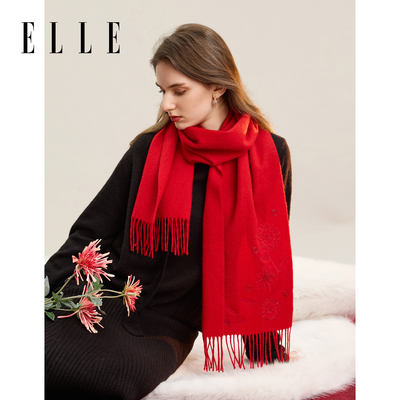 ELLE100%绵羊毛刺绣围巾女士秋冬时尚保暖红色新年围脖送礼礼盒装