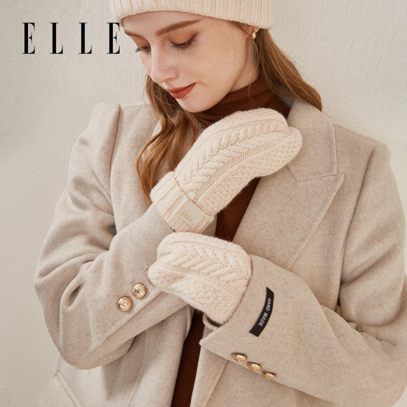 ELLE100%绵羊毛红色手套女士秋冬季户外保暖加厚骑行连指绞花针织