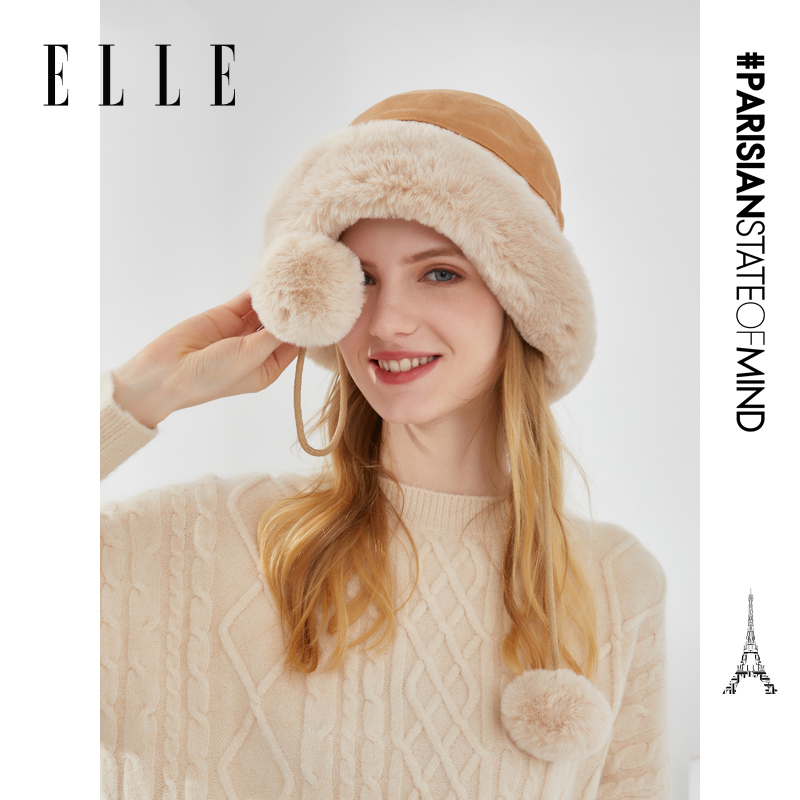 ELLE毛绒盆帽加绒加厚户外保暖秋冬季女士带毛球时尚百搭渔夫帽子