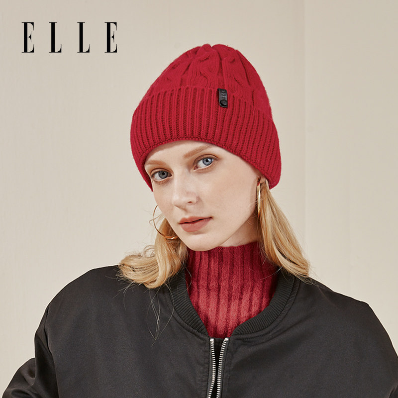 ELLE100%绵羊毛红色针织帽女冬季户外时尚保暖加厚护耳毛线帽冷帽,服饰配件/皮带/帽子/围巾,帽子,淘宝优惠券,粉丝福利购,淘宝优惠卷