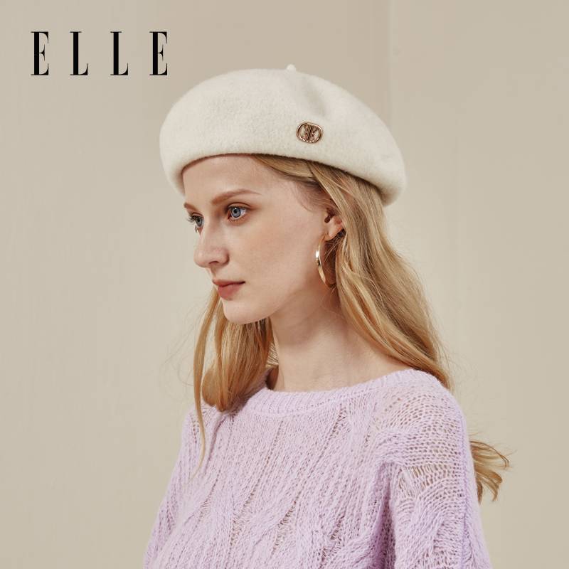 ELLE100%羊毛贝雷帽女士秋冬季时尚百搭大头围显脸小画家南瓜帽子