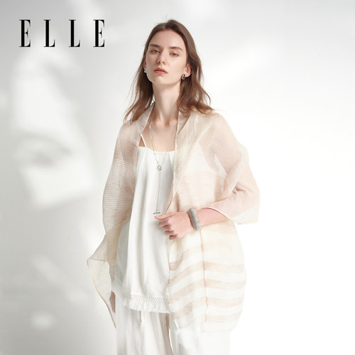 ELLE亚麻条纹法式丝巾春夏遮阳
