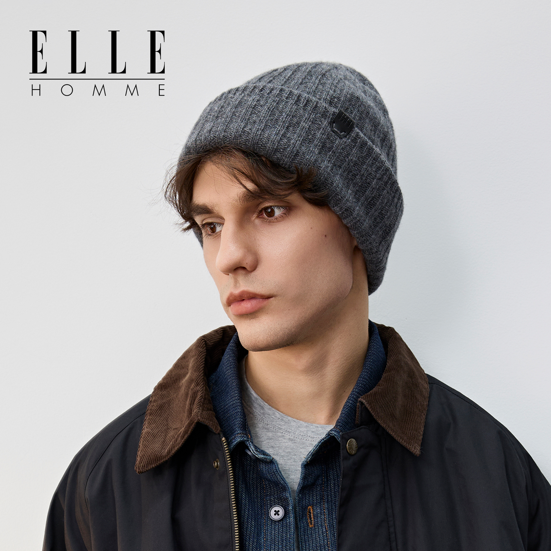 ELLE HOMME羊毛针织帽男士秋冬季户外保暖时尚冷帽大头围毛线帽子