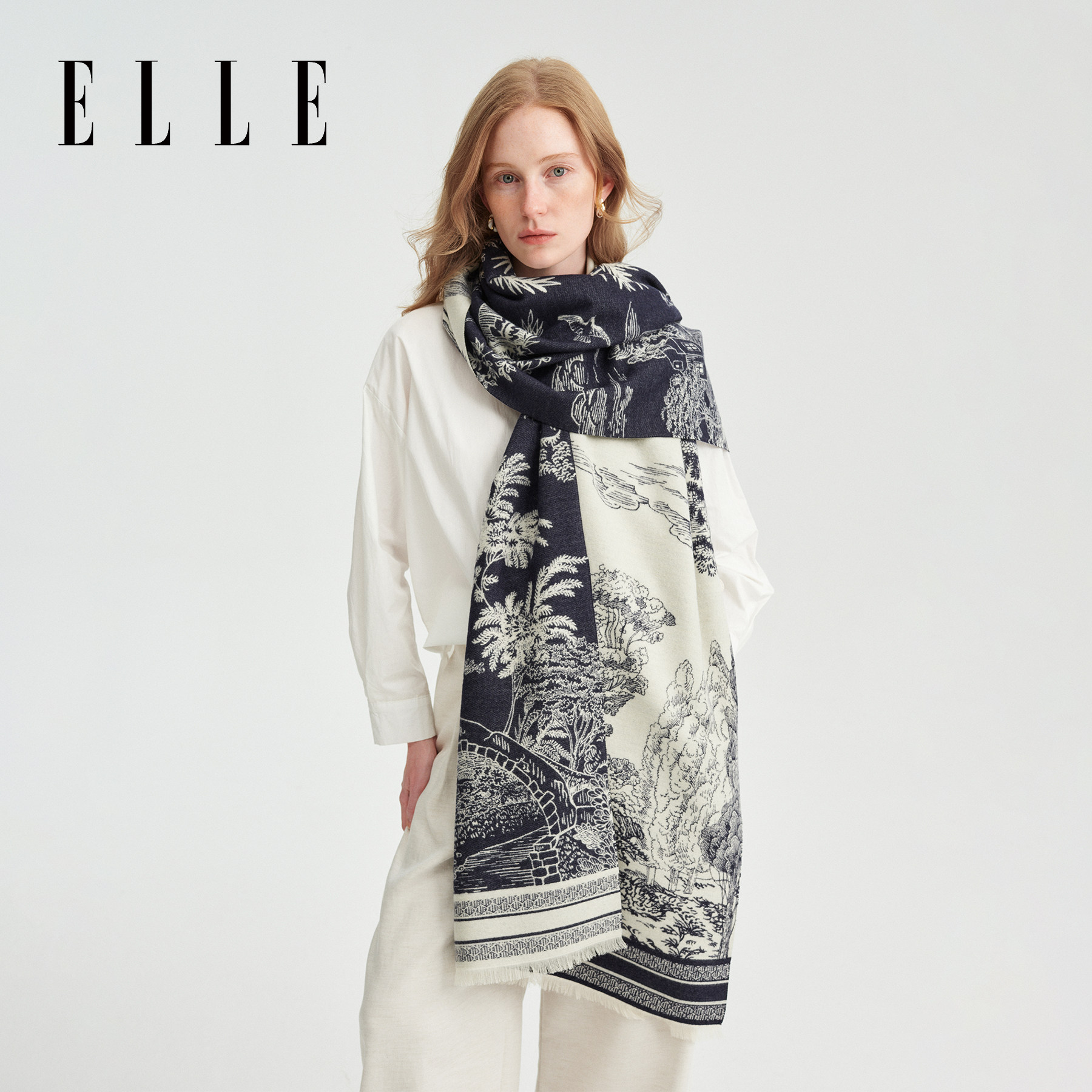 ELLE秋冬手绘风景保暖披肩斗篷