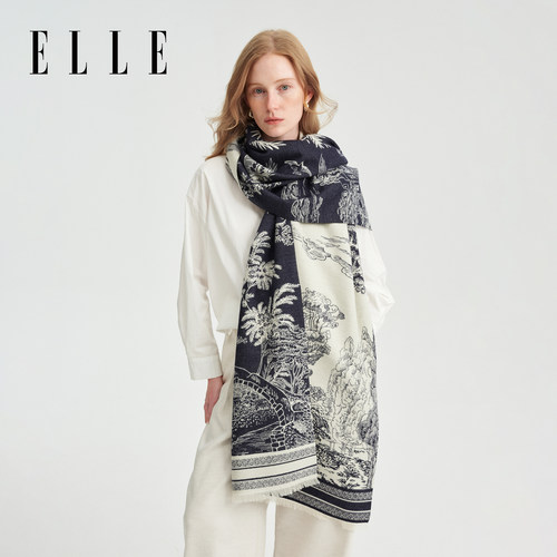 ELLE秋冬手绘风景保暖披肩斗篷