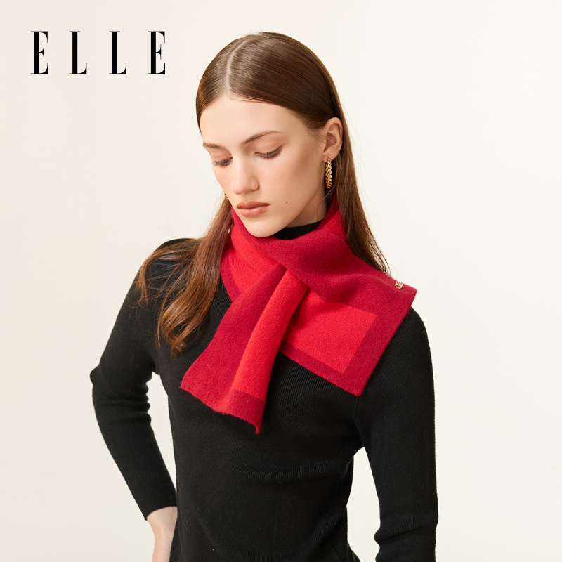 ELLE纯羊绒红色针织围巾女士秋冬户外保暖送礼礼盒装短款插孔围脖