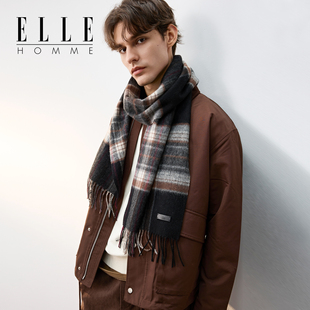 百搭格纹保暖围脖新款 ELLE 商务时尚 秋冬季 HOMME100%羊毛围巾男士