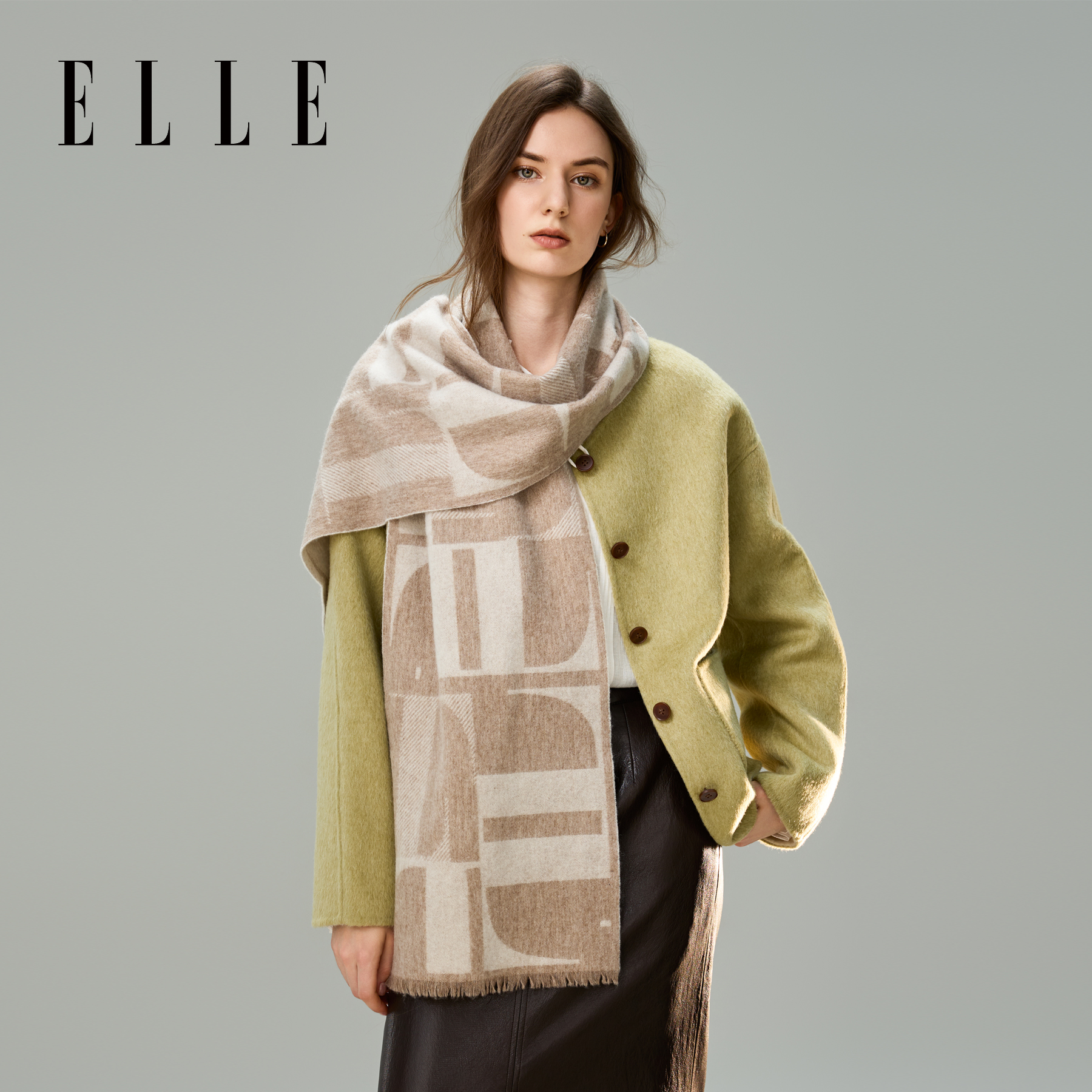 ELLE100%羊毛围巾女士秋冬季户外保暖时尚字母提花送礼礼盒装围脖