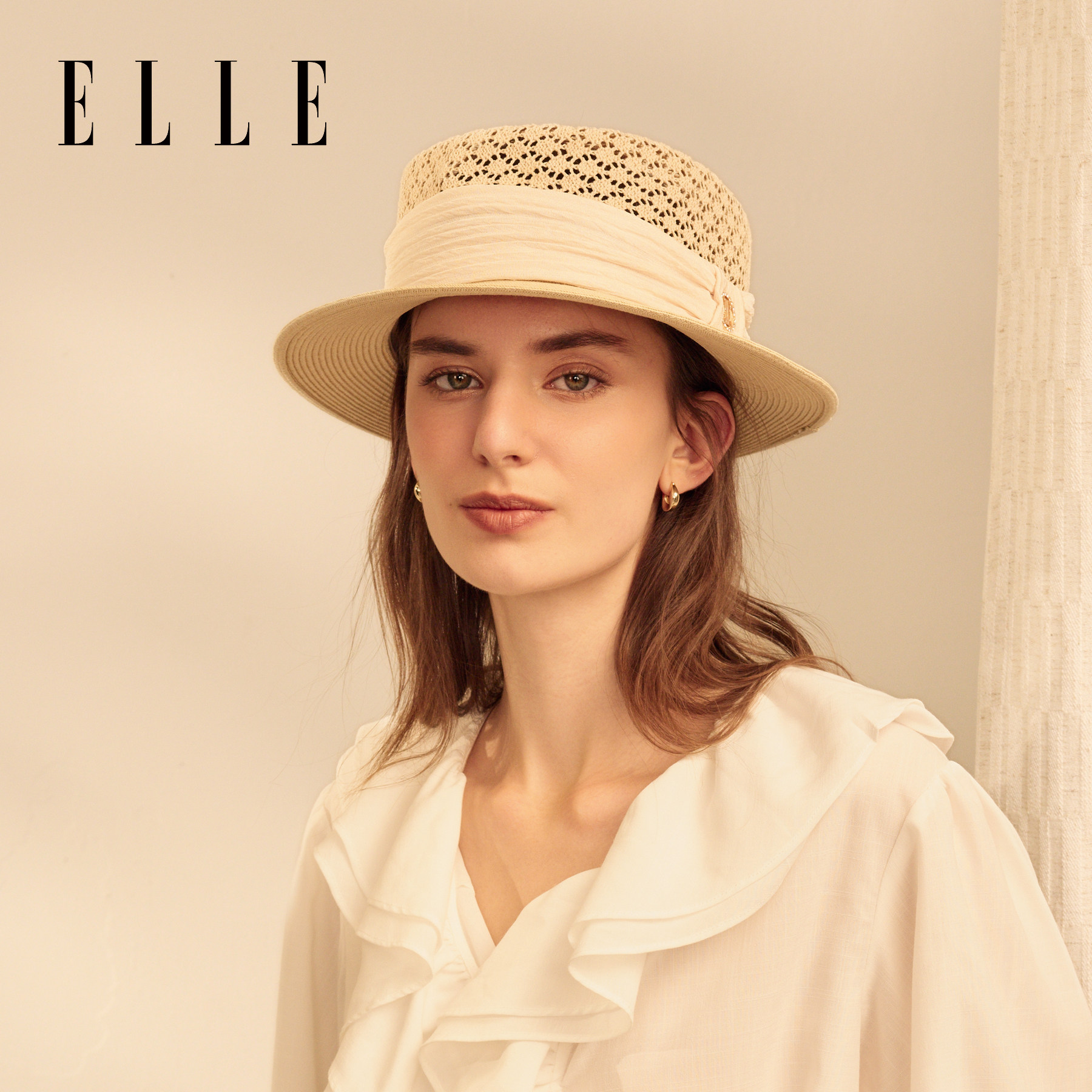 ELLE防晒草帽女夏季海边沙滩田园风法式百搭平顶钩编遮阳帽子新款
