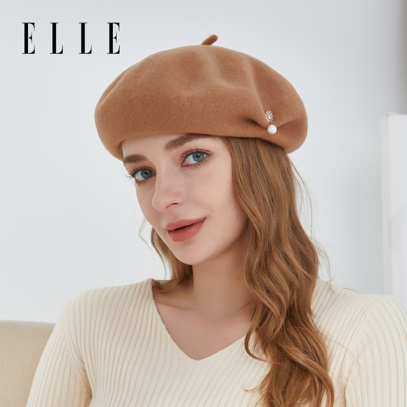ELLE贝雷帽女士秋冬季户外时尚休闲扣饰大头围南瓜帽纯羊毛蓓蕾帽