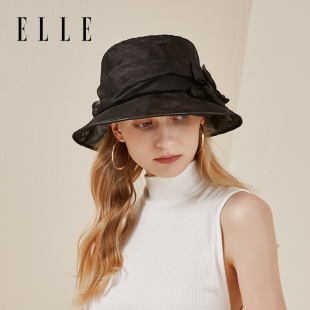 ELLE100%桑蚕丝帽子女士春夏季 户外遮阳真丝渔夫帽优雅蝴蝶结盆帽