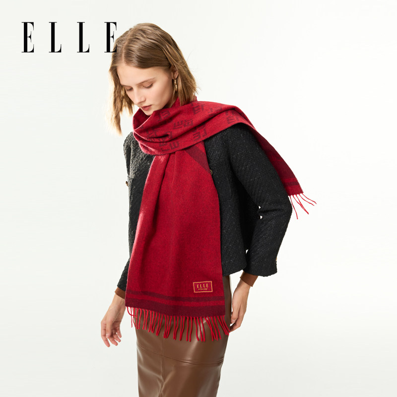 ELLE100%羊毛提花红色围巾女冬季户外保暖时尚百搭送礼礼盒装围脖