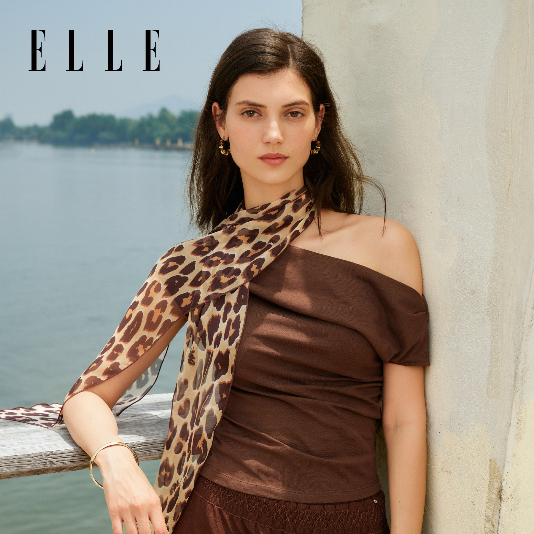 ELLE100%桑蚕丝豹纹长条丝巾图片