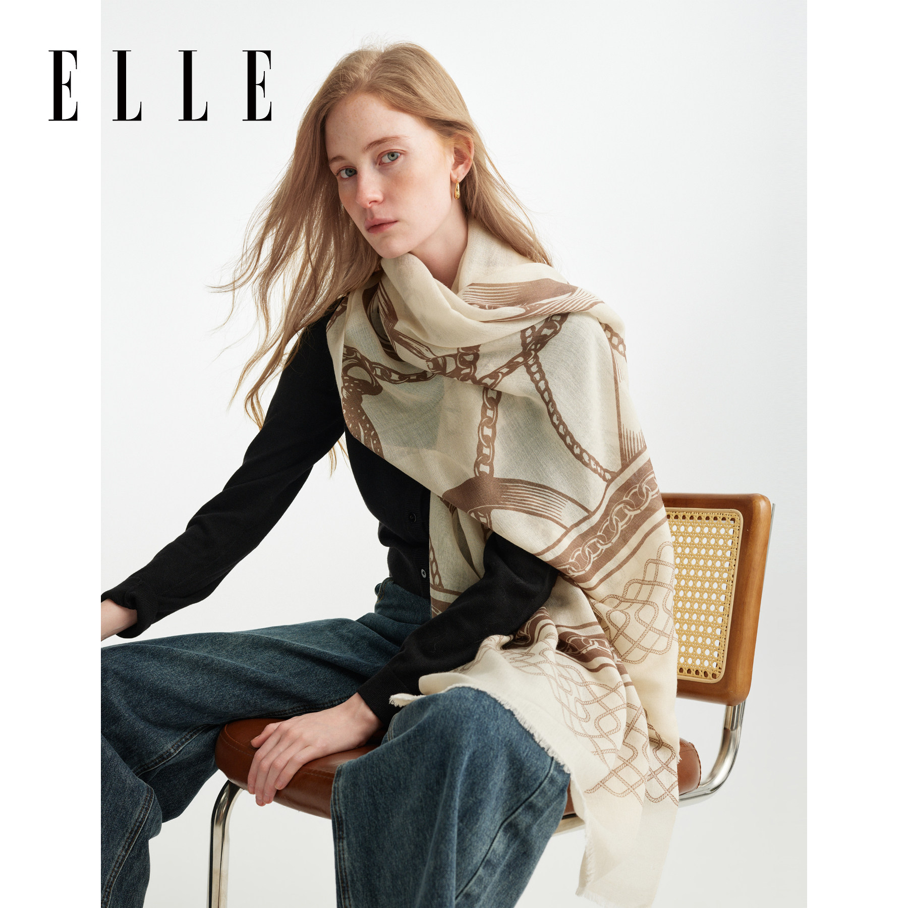 ELLE羊毛披肩外搭女秋冬季保暖送礼礼盒装大尺寸流光印花围巾新款