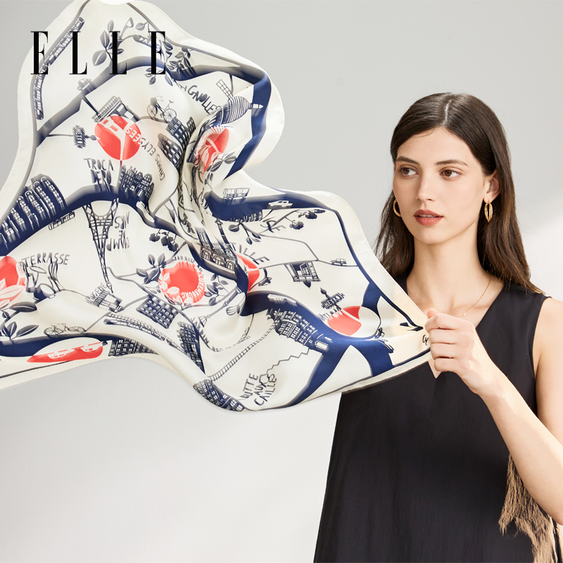 ELLE100%桑蚕丝真丝丝巾女士春秋季百搭送礼礼物巴黎街景方巾礼盒