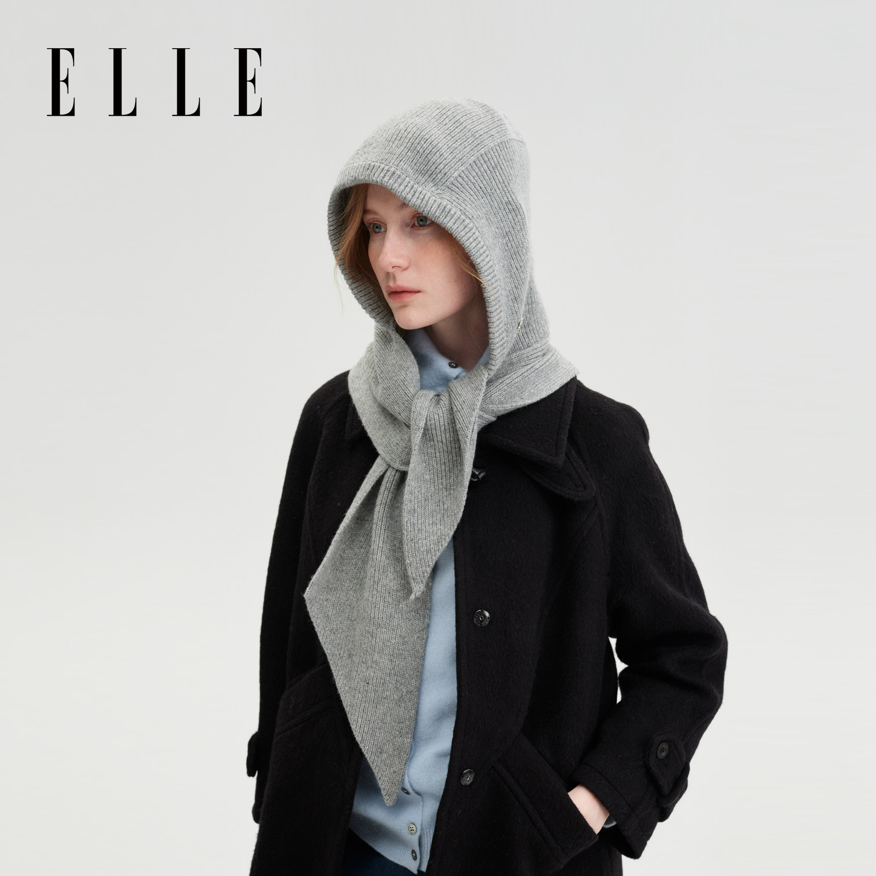 ELLE羊毛针织帽子围脖一体女士秋冬季户外保暖巴拉克拉法毛线帽子
