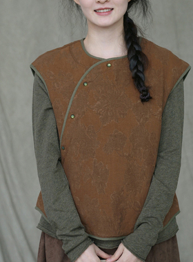 25原创轻中式棉麻提花斜襟加厚马甲 复古宽松夹棉套头背心M24393