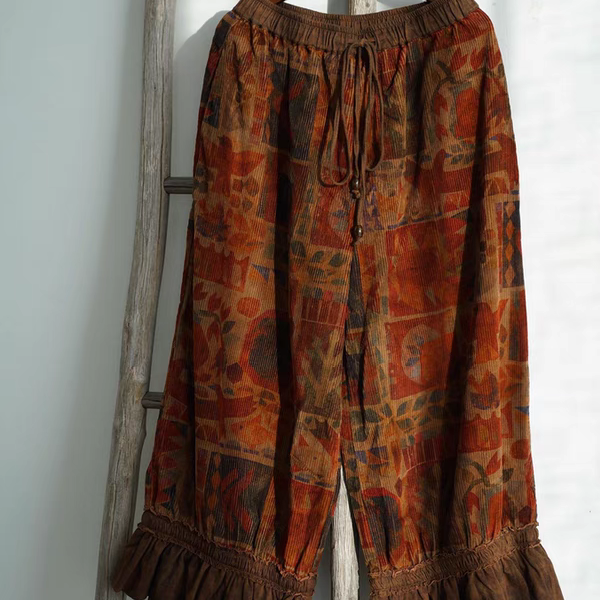 原创复古几何印花民族风荷叶边灯芯绒裤 休闲松紧腰九分裤K25406