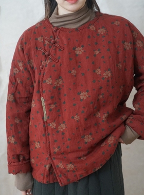 原创复古中式斜襟宽松加厚亚麻棉衣 个性数码印花盘扣棉衣M21440