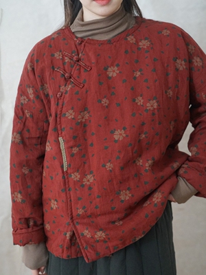 原创复古中式斜襟宽松加厚亚麻棉衣 个性数码印花盘扣棉衣M21440