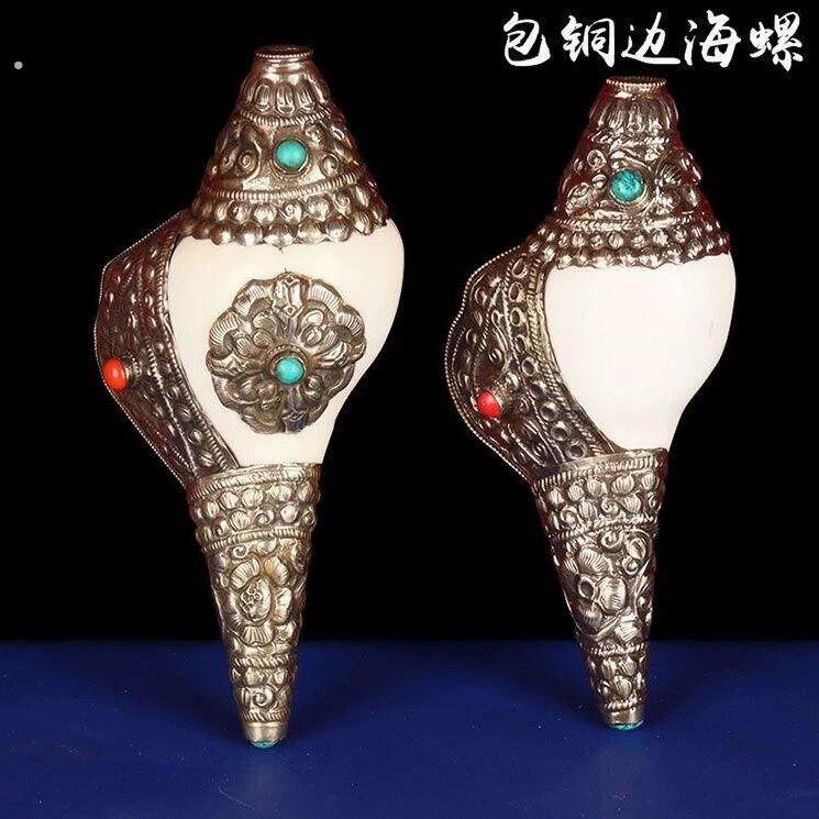 藏式铜边海螺自然右旋海螺家居装饰海螺摆件镶嵌松石法螺可吹响