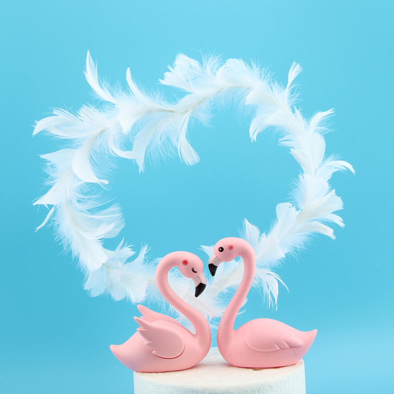 10套装粉色网红火烈鸟爱情鸟白色翅膀小天鹅生日蛋糕装饰摆件插件