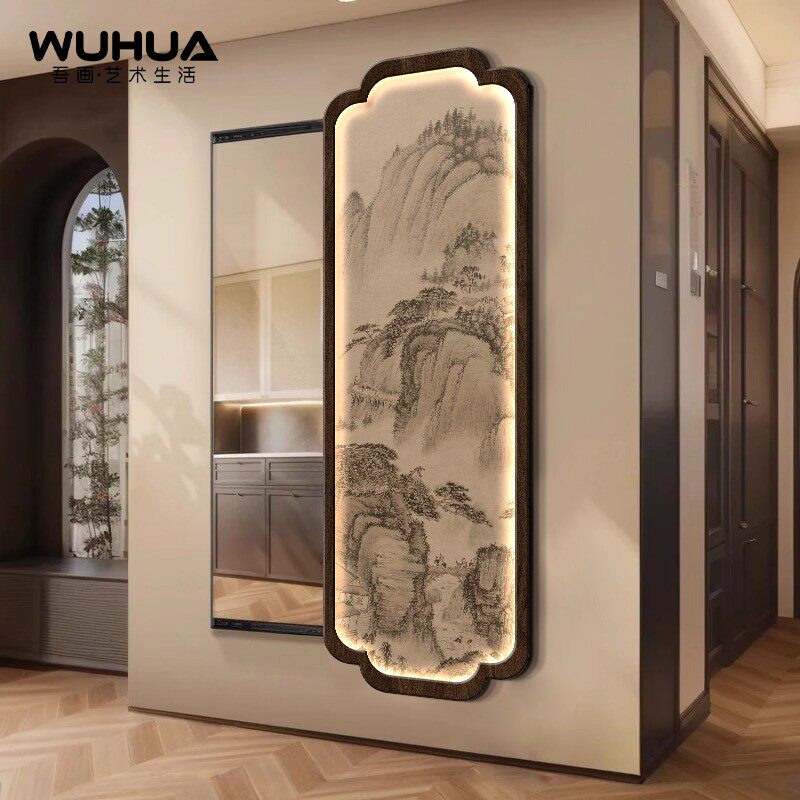 宋代美学新中式隐藏式全身镜装饰画 画隐形推拉镜玄关画 画暗藏式