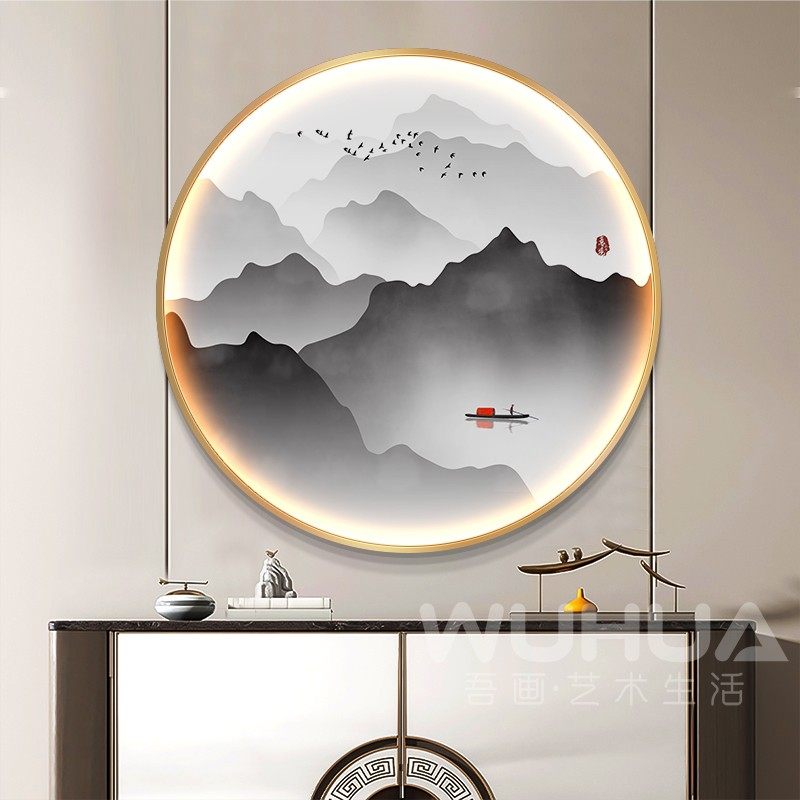 新中式玄关装饰画led气氛灯画走廊过道背景墙山水画禅意发光挂画图片