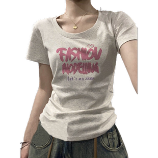 夏季纯棉短款chic学院风复古修身白灰色短袖t恤女设计感显瘦上衣