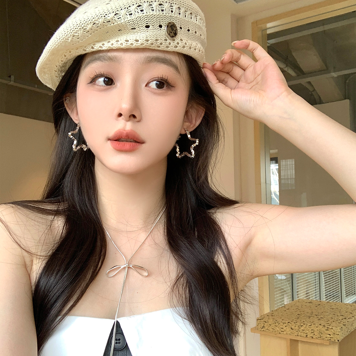 五角星碎银子耳环圈圈高级感银色