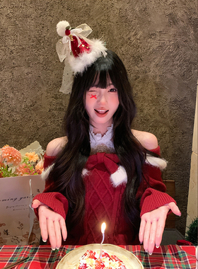 Lastkiss 蕾丝羽毛红色圣诞帽子发夹女圣诞节氛围拍照显脸小装饰