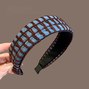 Lastkiss 蓝棕毛线格纹牛仔发箍女显脸小修饰脸型小众高级感发饰