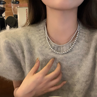 复古灰珍珠项链女2023新款 法式 高级感气质百搭毛衣链轻奢小众颈链