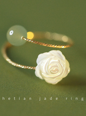 玫瑰花和田玉戒指女小众设计白蝶