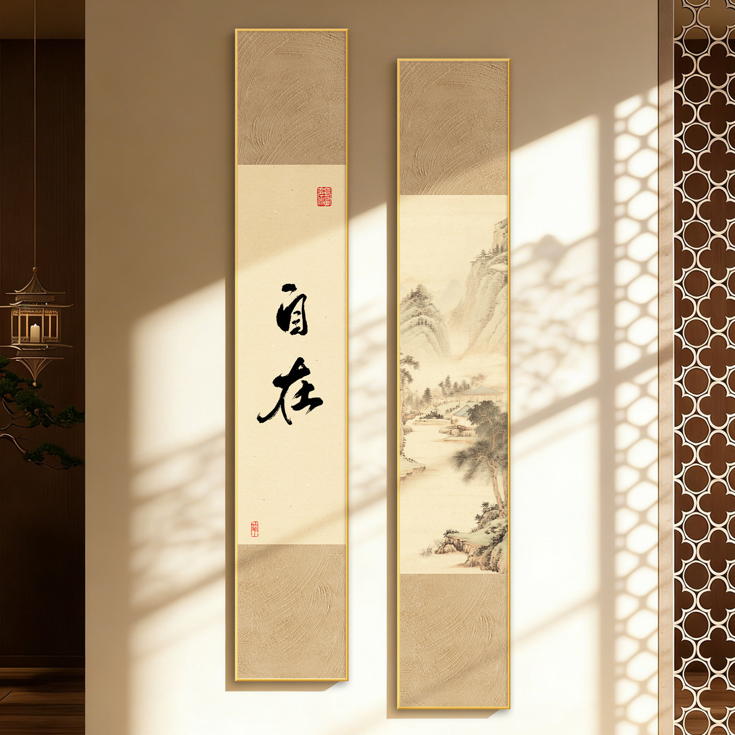 新中式玄关装饰画2026新款入户走廊过道挂画自在寓意好山水两联画