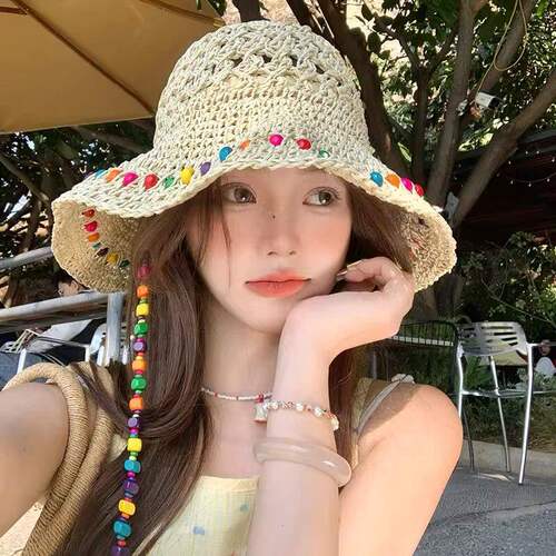 彩色编织草帽女夏季2026新款海边度假风帽子大帽檐防晒遮阳渔夫帽