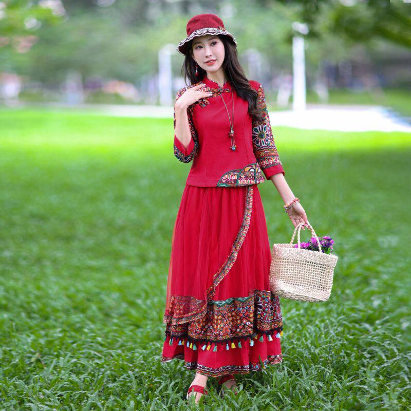 中国风春夏装复古唐装棉麻茶服民族风大码女装改良旗袍上衣套装裙