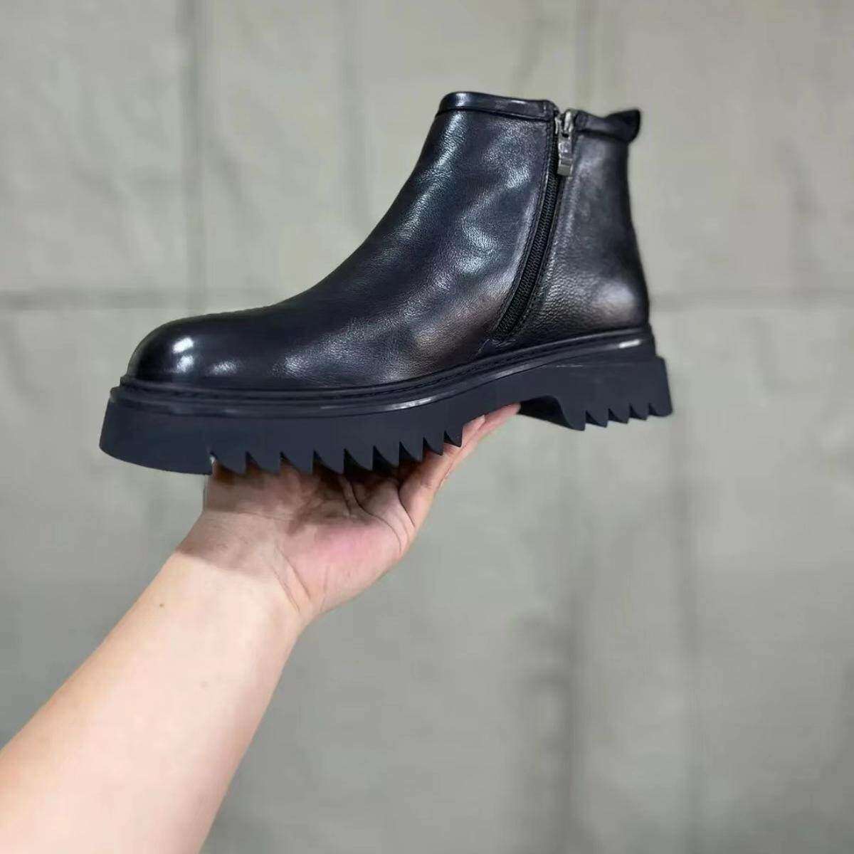 2024广州冬季新款皮毛一体头层牛皮厚底保暖男靴高品质时尚男鞋