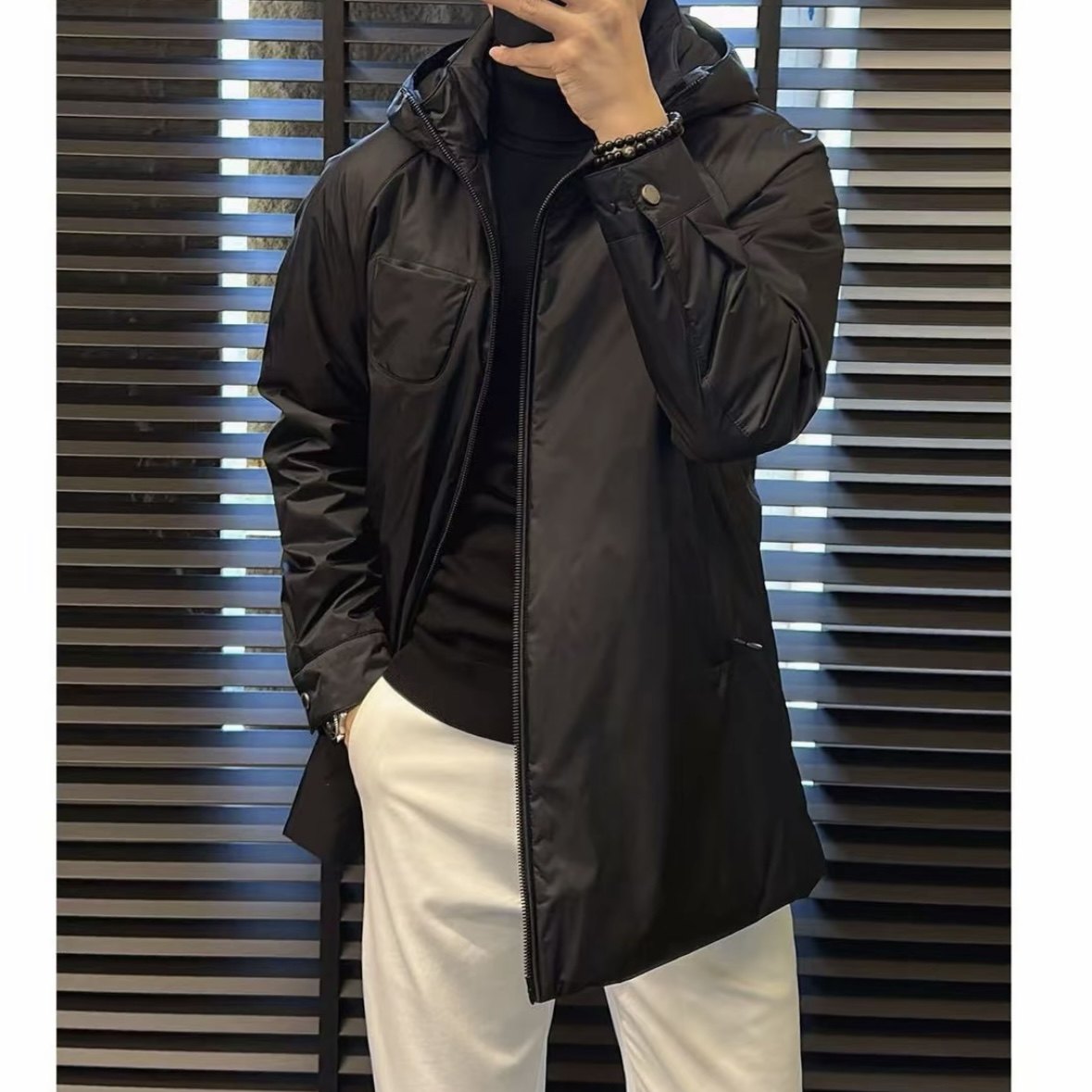 秋冬季绵羊皮+桑蚕丝男士单兜高奢品质极简连帽中长款棉服F878171